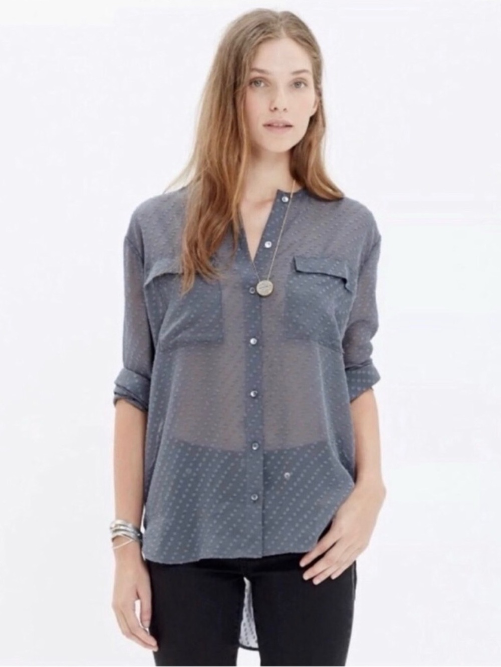 Madewell Sheer Dotted Button-Up Blouse in Gray